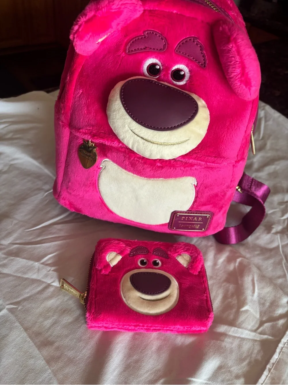 Loungefly Lotso Plush Backpack and Wallet Set - Bright Pink with Cream Accent